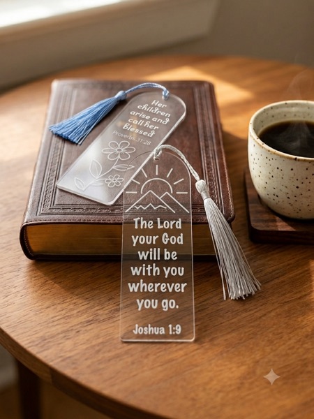 Two clear acrylic bookmarks with tassels resting on a Bible, one reading: The Lord your God will be with you wherever you go. Joshua 1:9.